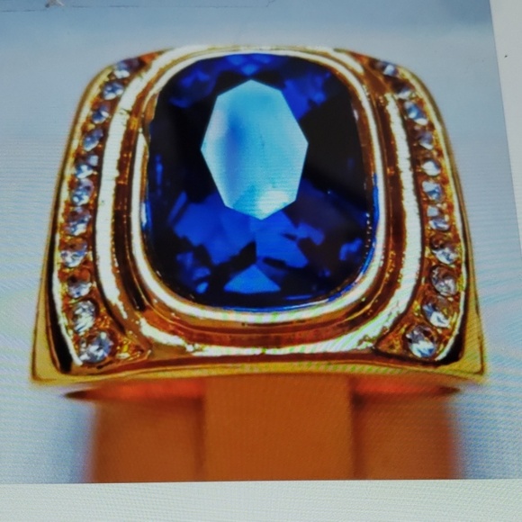 Men's Blue Gemstone Yellow Gold Filled Ring - Picture 1 of 7